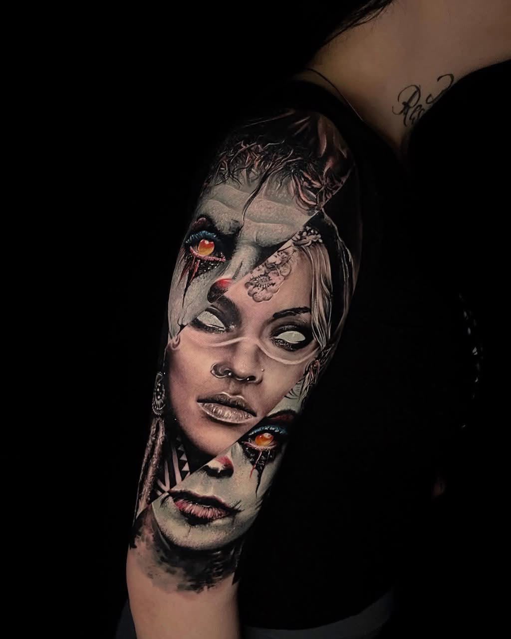 color realism horror female portrait collage with orange eyes on upper arm