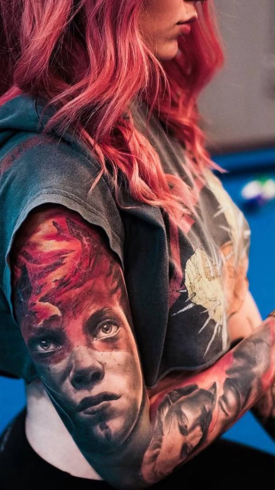color realism portrait sleeve with red flames on upper arm and forearm