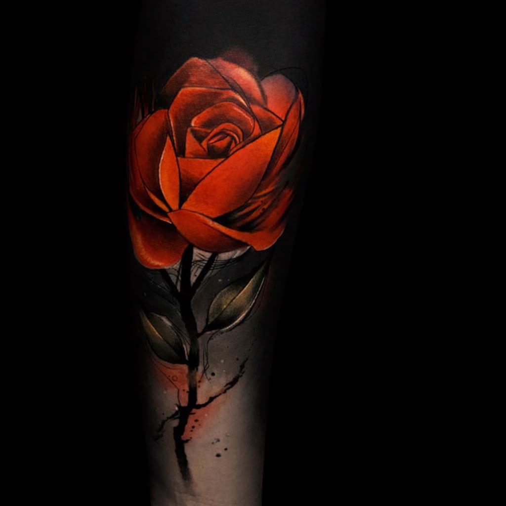 color neotraditional rose with watercolor splatter on forearm